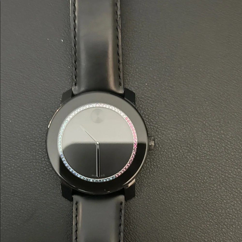 Movado Black Minimalist Dial Watch with Rainbow Crystal Accent